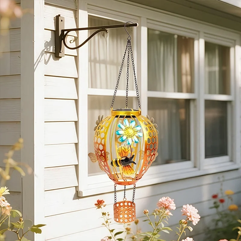 SM25351 Solar Plastic PP Metal Iron Hot Air Balloon Hanging Light with Bee Animal Decor_3