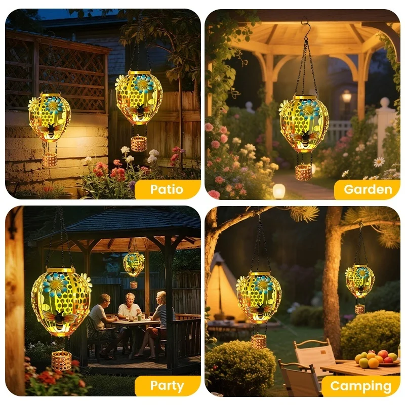 SM25351 Solar Plastic PP Metal Iron Hot Air Balloon Hanging Light with Bee Animal Decor_4