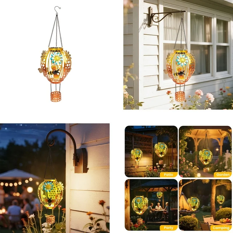 SM25351 Solar Plastic PP Metal Iron Hot Air Balloon Hanging Light with Bee Animal Decor_5