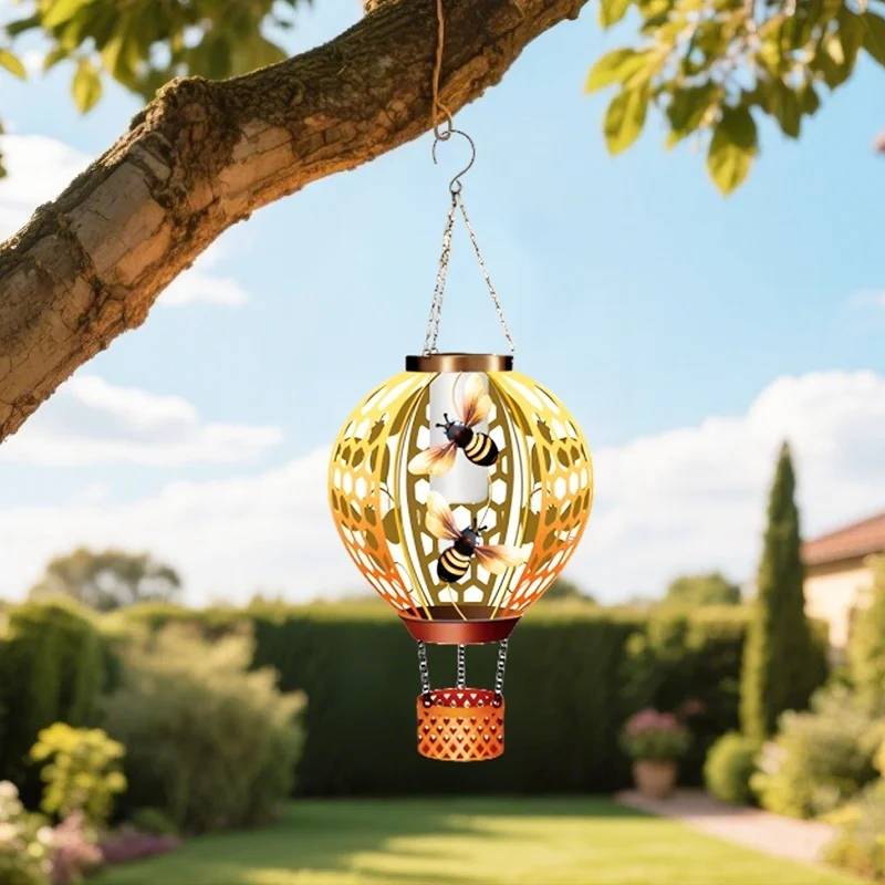 SM25351 Solar Plastic PP Metal Iron Hot Air Balloon Hanging Light with Bee Animal Decor_6