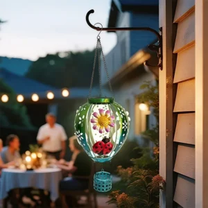 SM25352 Metal Iron Hot Air Balloon Solar Hanging Light with Ladybug flower Decor