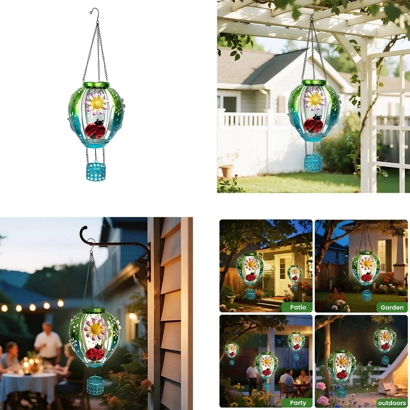 SM25352 Plastic PP Solar Metal Iron Hot Air Balloon Hanging Light with Ladybug Animal Decor_3