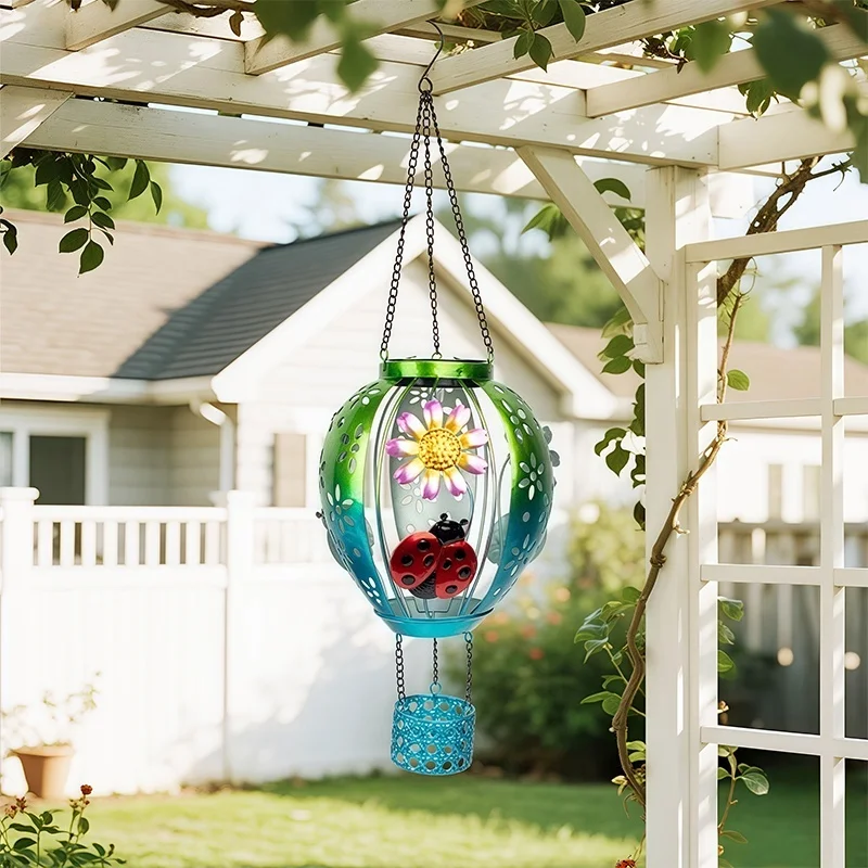 SM25352 Plastic PP Solar Metal Iron Hot Air Balloon Hanging Light with Ladybug Animal Decor_6