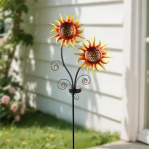 SM25359 Silver Modern Solar Stake Light with Stand - Small Plastic PP Metal Iron Sunflower Flower_2