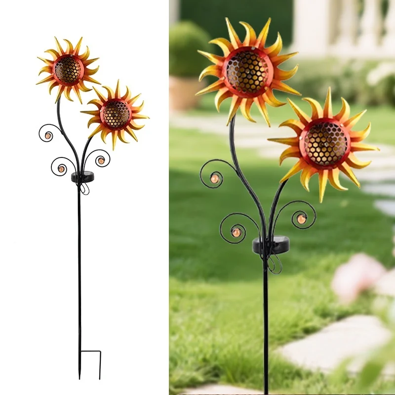 SM25359 Silver Modern Solar Stake Light with Stand - Small Plastic PP Metal Iron Sunflower Flower_5