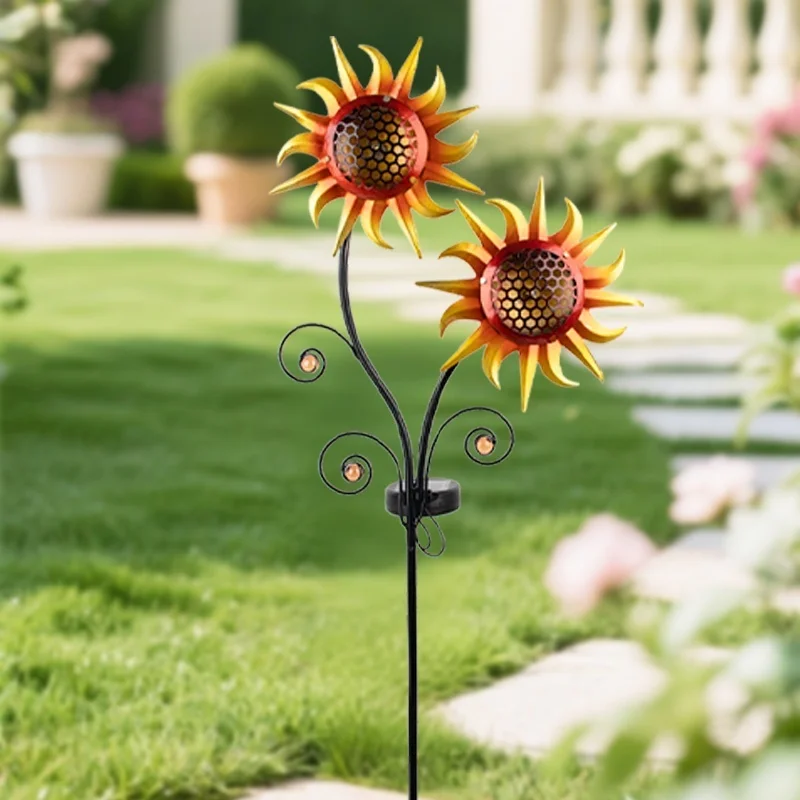SM25359 Silver Modern Solar Stake Light with Stand - Small Plastic PP Metal Iron Sunflower Flower_6