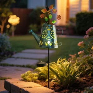 SM25365 plastic pp solar metal iron watering can with insect stake light 2
