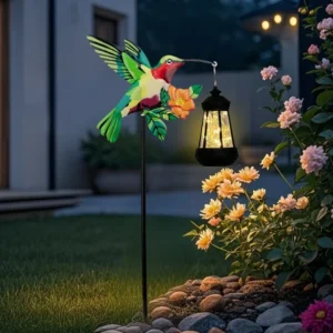 SM25369 Mteal Iron Hummingbird Bird with Hanging Lantern Light Decorative Solar Stake Light