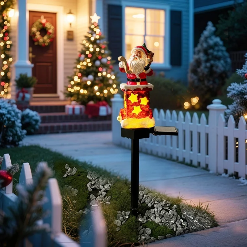 SM25394 Resin Statue Christmas Santa Claus Solar Stake Light, Red White Black Decorative with Stand and Base, Powered