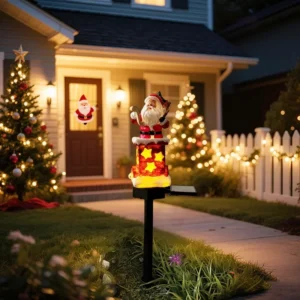 SM25394 Resin Statue Christmas Santa Claus Solar Stake Light, Red White Black Decorative with Stand and Base, Powered_2