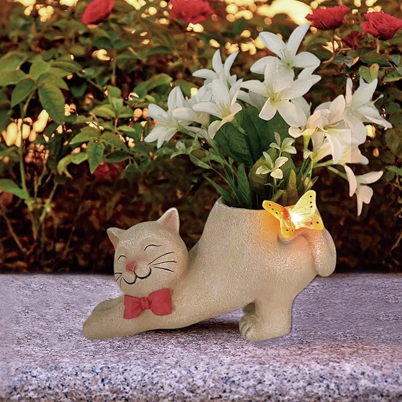SM25414 Solar Lazy Cat Resin Statue with Flower Jar and Trumpet Freestanding Light Animal