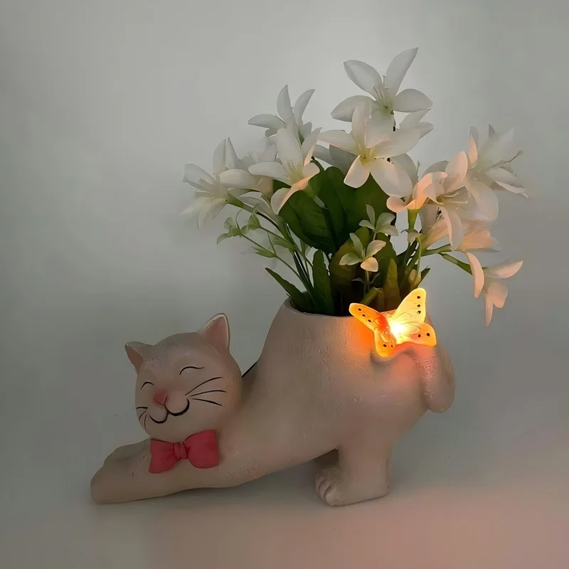 SM25414 Solar Lazy Cat Resin Statue with Flower Jar and Trumpet Freestanding Light Animal_2