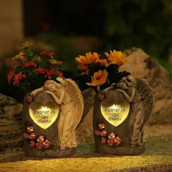 SM25415 Solar Sleeping Angel Resin Statue with Flower Vase Freestanding Light_3