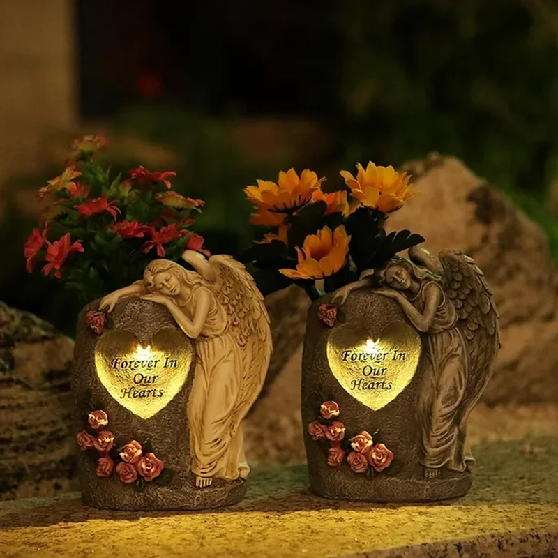 SM25415 Solar Sleeping Angel Resin Statue with Flower Vase Freestanding Light_3