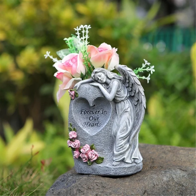 SM25415 Solar Sleeping Angel Resin Statue with Flower Vase Freestanding Light_4