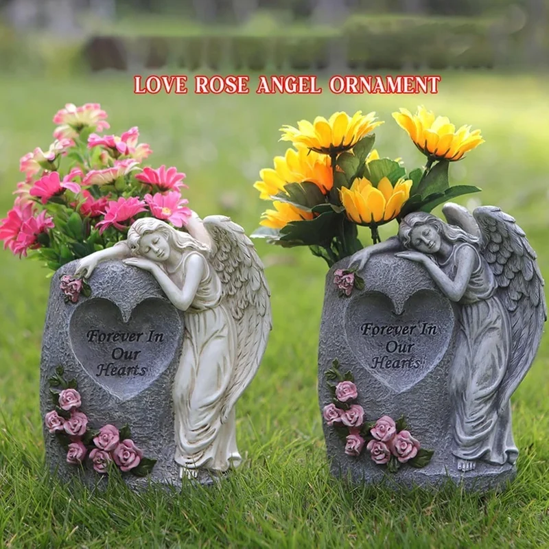 SM25415 Solar Sleeping Angel Resin Statue with Flower Vase Freestanding Light_5