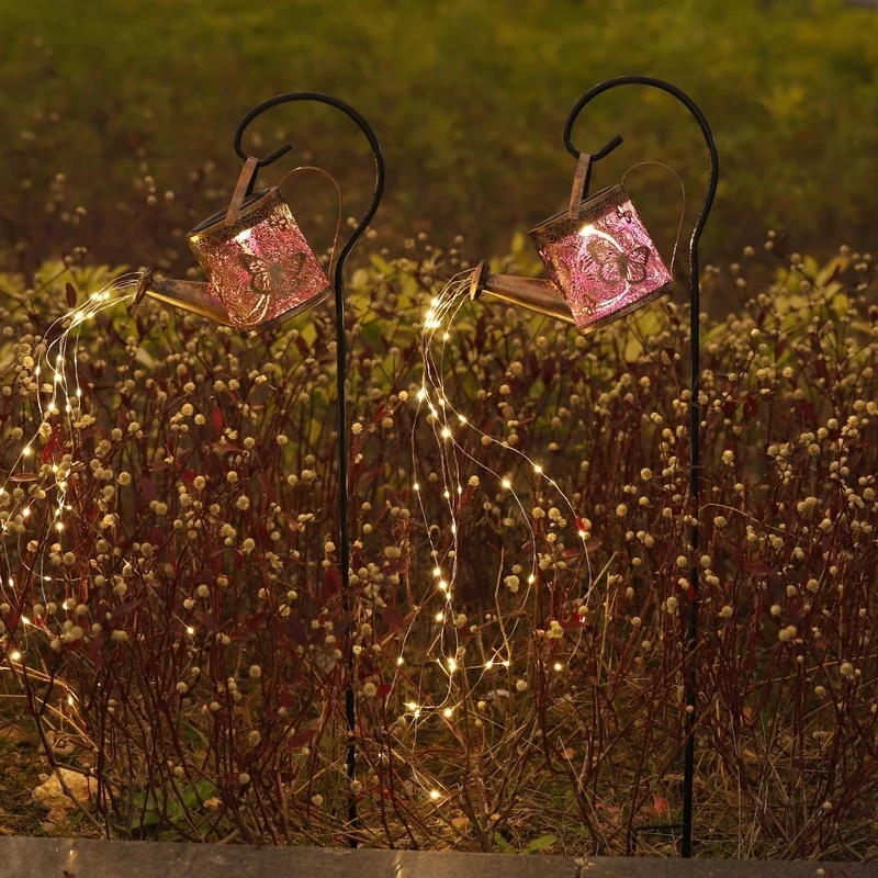 SM25460 Large Bronze Decorative Plastic PP Hollow-Out Watering Can Solar Stake Light Lantern with Chain