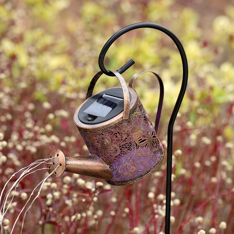 SM25460 Large Bronze Decorative Plastic PP Hollow-Out Watering Can Solar Stake Light Lantern with Chain_4