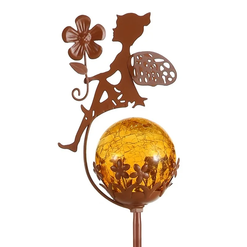 SM25467 PP Plastic Solar Fairy Sitting on Cracked Glass Ball Stake Light Globe_2
