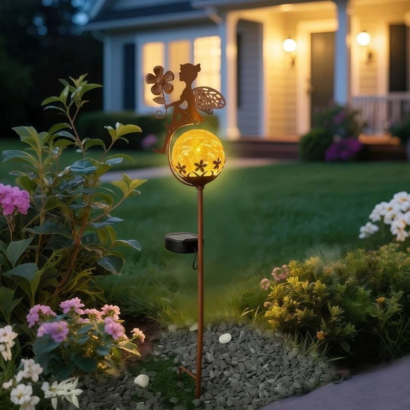 SM25467 PP Plastic Solar Fairy Sitting on Cracked Glass Ball Stake Light Globe_4