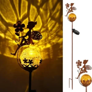 SM25467 Metal Iron Fairy Sitting on Cracked Glass Ball Solar Stake Light