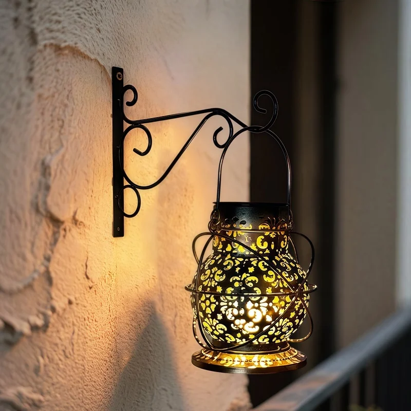 SM25471 Silver Plastic PP Decorative Hollow-Out Solar Hanging Lantern, Small Modern Design with Stand
