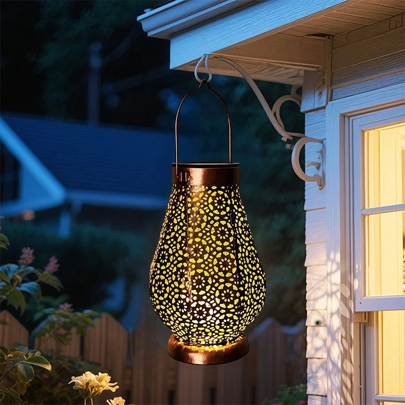 SM25472 Gold Mini Ornate Decorative Hollow-Out Plastic PP Solar Hanging Lantern with Base