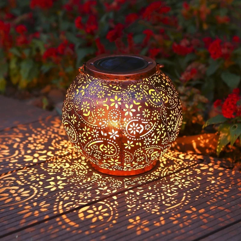 SM25475 Gold Mini Decorative Plastic PP Hollow-Out Solar Lantern with Stand, Hanging Light
