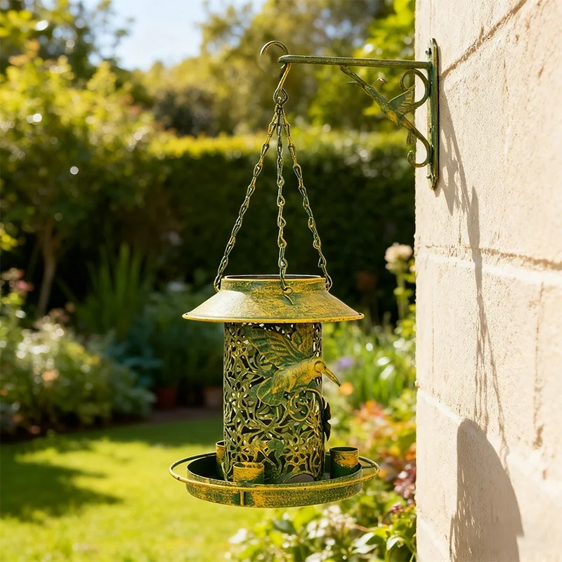 SM25478 Silver Plastic PP Solar Hanging Light with Bird Feeder, Mini Modern Stand for Animals