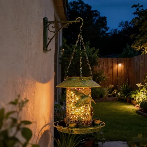 SM25478 Silver Plastic PP Solar Hanging Light with Bird Feeder, Mini Modern Stand for Animals_2