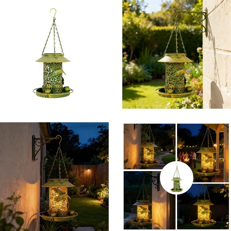 SM25478 Silver Plastic PP Solar Hanging Light with Bird Feeder, Mini Modern Stand for Animals_3