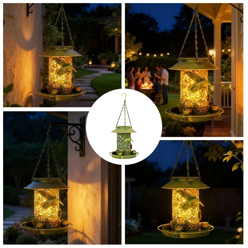 SM25478 Silver Plastic PP Solar Hanging Light with Bird Feeder, Mini Modern Stand for Animals_4