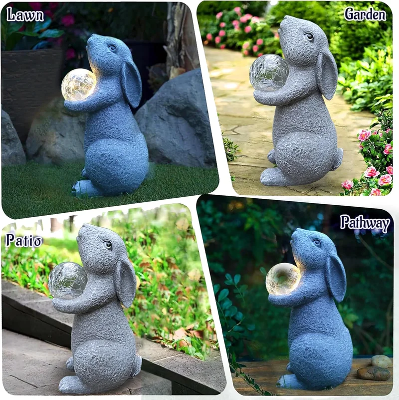SM25486 Resin Rabbit Statue with Solar Cracked Glass Ball Freestanding Animal Light Globe