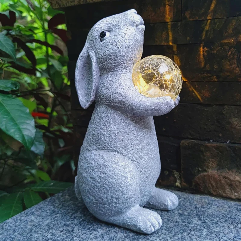 SM25486 Resin Rabbit Statue with Solar Cracked Glass Ball Freestanding Animal Light Globe_2