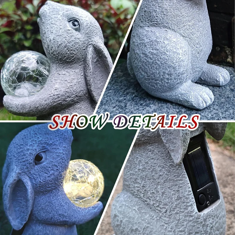 SM25486 Resin Rabbit Statue with Solar Cracked Glass Ball Freestanding Animal Light Globe_3