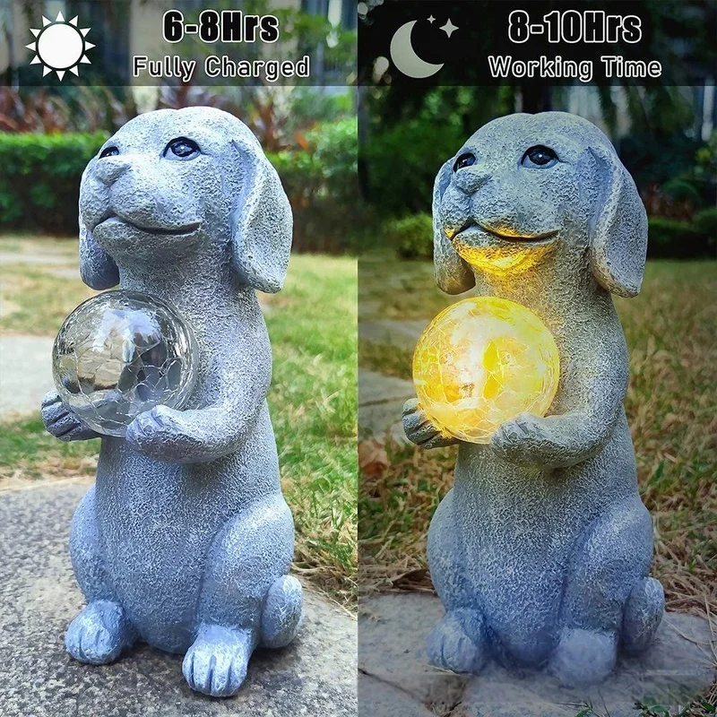SM25487 Solar Cracked Glass Ball Resin Dog Statue Freestanding Light Animal_2