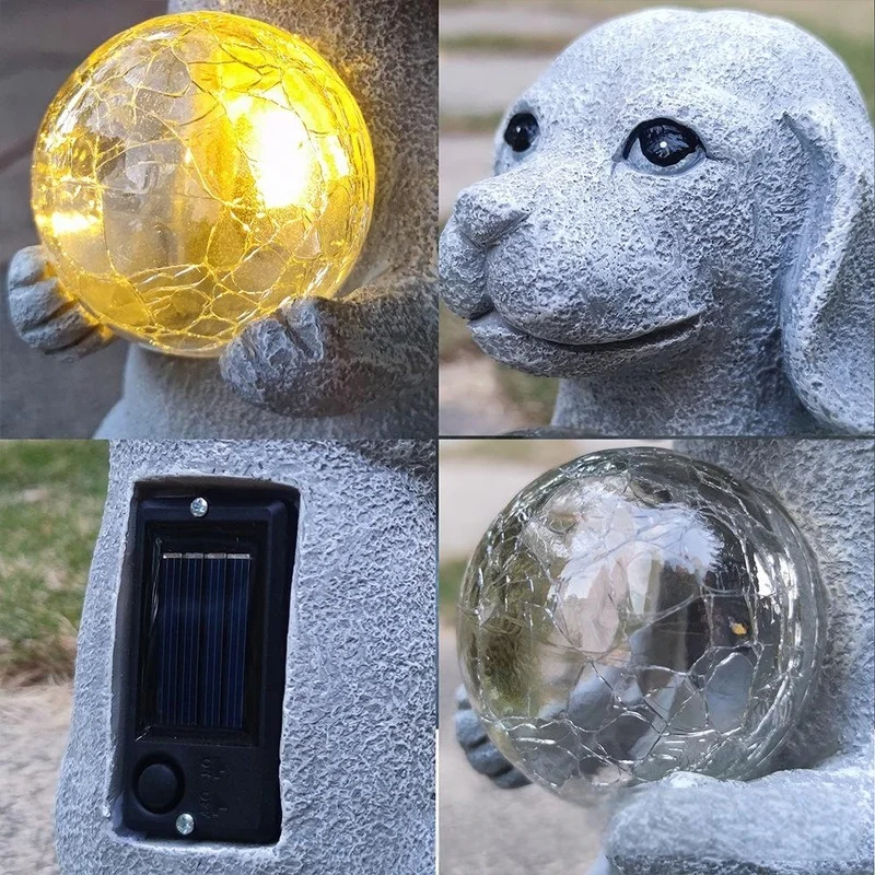 SM25487 Solar Cracked Glass Ball Resin Dog Statue Freestanding Light Animal_3