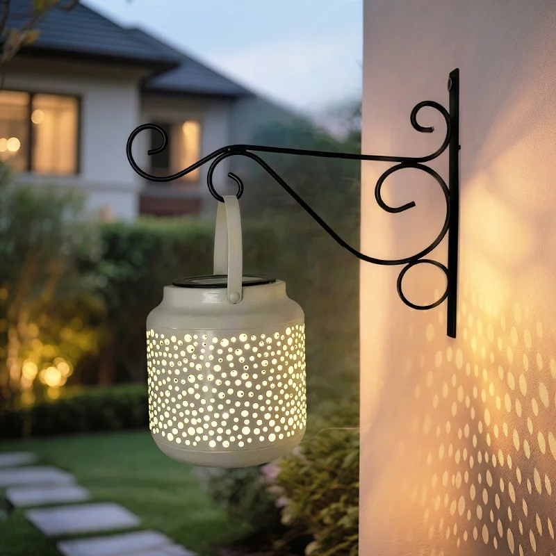 SM25500 White Glossy Medium Plastic PP Hollow-Out Solar Lantern Hanging Light with Base