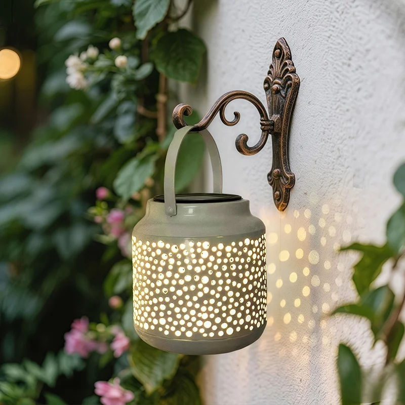 SM25500 White Glossy Medium Plastic PP Hollow-Out Solar Lantern Hanging Light with Base_2