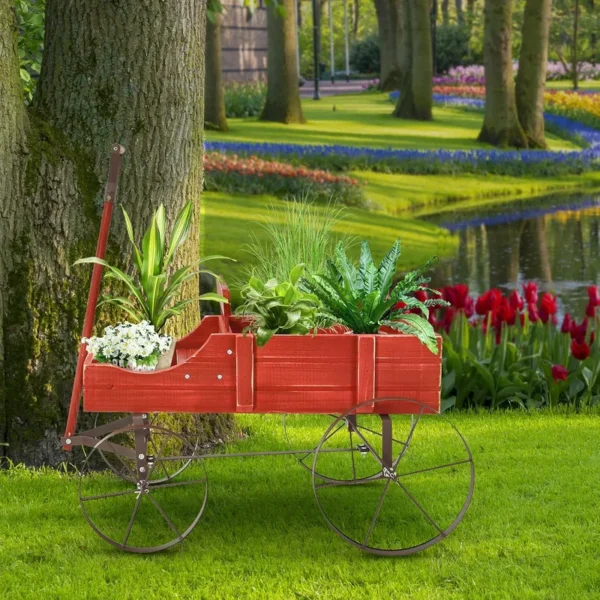 SM25661 Freestanding Light Fir Rolling Wooden Garden Planter_2