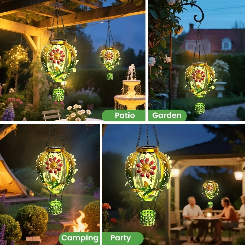 SM25754 Plastic PP Solar Metal Iron Hot Air Balloon Hanging Light with Hummingbird Animal Decor