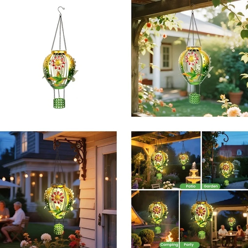 SM25754 Plastic PP Solar Metal Iron Hot Air Balloon Hanging Light with Hummingbird Animal Decor_2