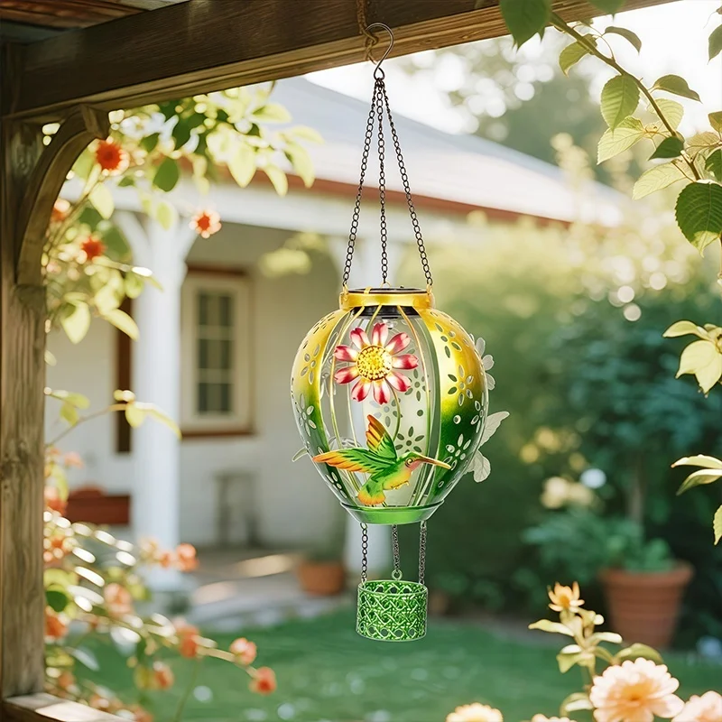 SM25754 Plastic PP Solar Metal Iron Hot Air Balloon Hanging Light with Hummingbird Animal Decor_4