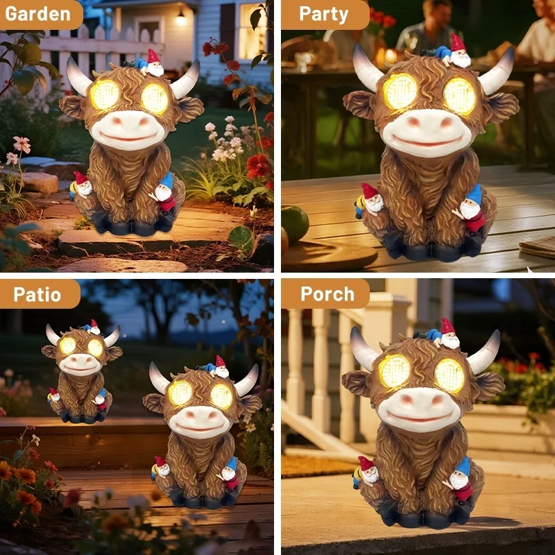 SM25798 Solar Lamp Resin Statue - Tabletop Light Featuring Cows and Elf Figures