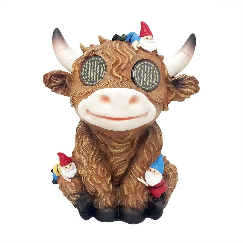 SM25798 Solar Lamp Resin Statue - Tabletop Light Featuring Cows and Elf Figures_2