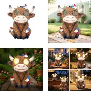 SM25798 Solar Lamp Resin Statue - Tabletop Light Featuring Cows and Elf Figures_3