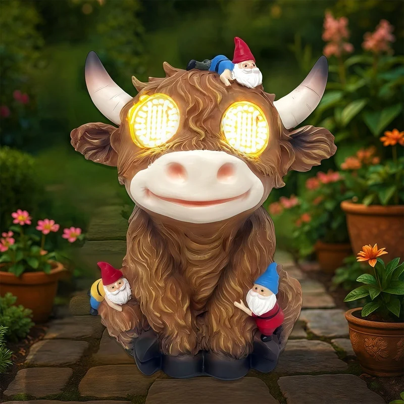 SM25798 Solar Lamp Resin Statue - Tabletop Light Featuring Cows and Elf Figures_4