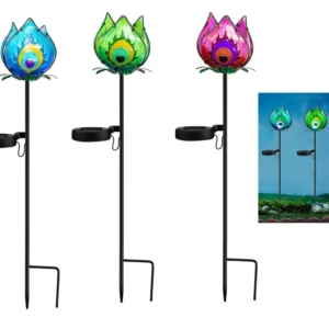 SM25928 Solar Powered Metal Iron Peacock Feather Flower Stake Light - Animal Bird