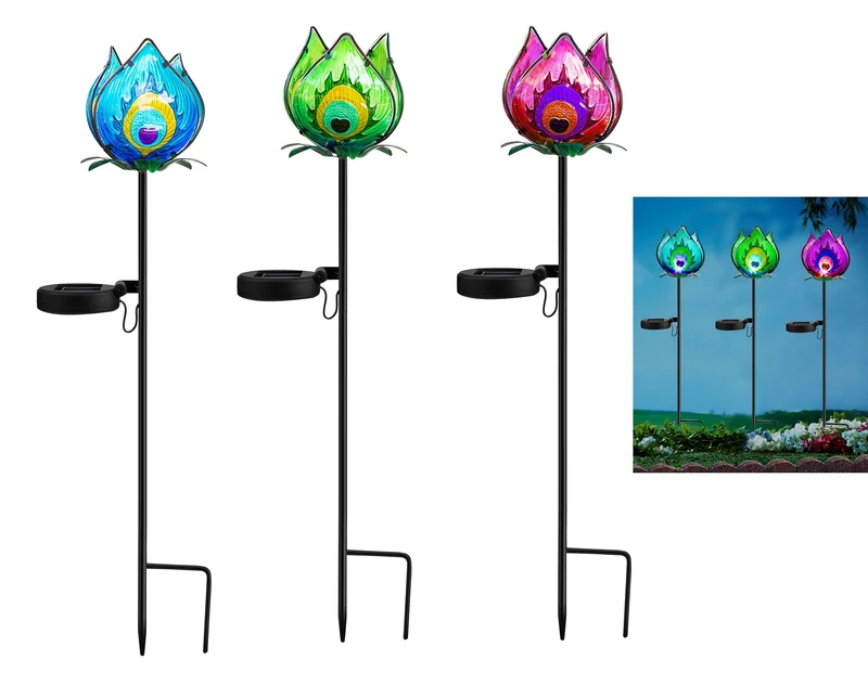 SM25928 Solar Powered Metal Iron Peacock Feather Flower Stake Light - Animal Bird
