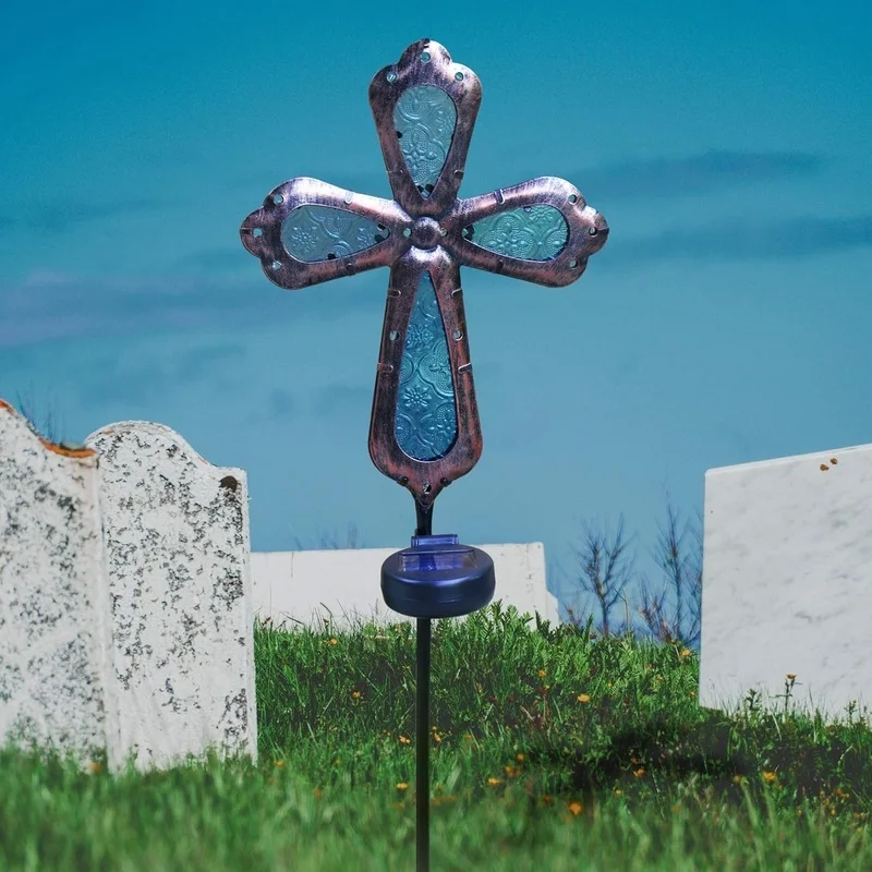 SM25996 Solar Stake Light with Metal Iron and Glass Iron Cross Design_3